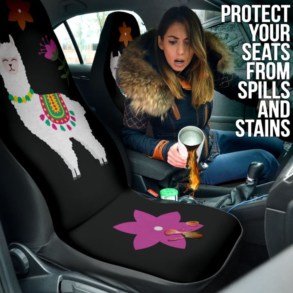 Amazing Llama Chalky Style Black Flowers Car Seat Covers Custom 2 211001 - YourCarButBetter