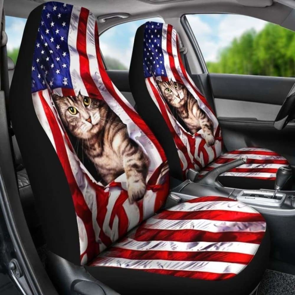 America Flag And Cat - Car Seat Covers 112428 - YourCarButBetter