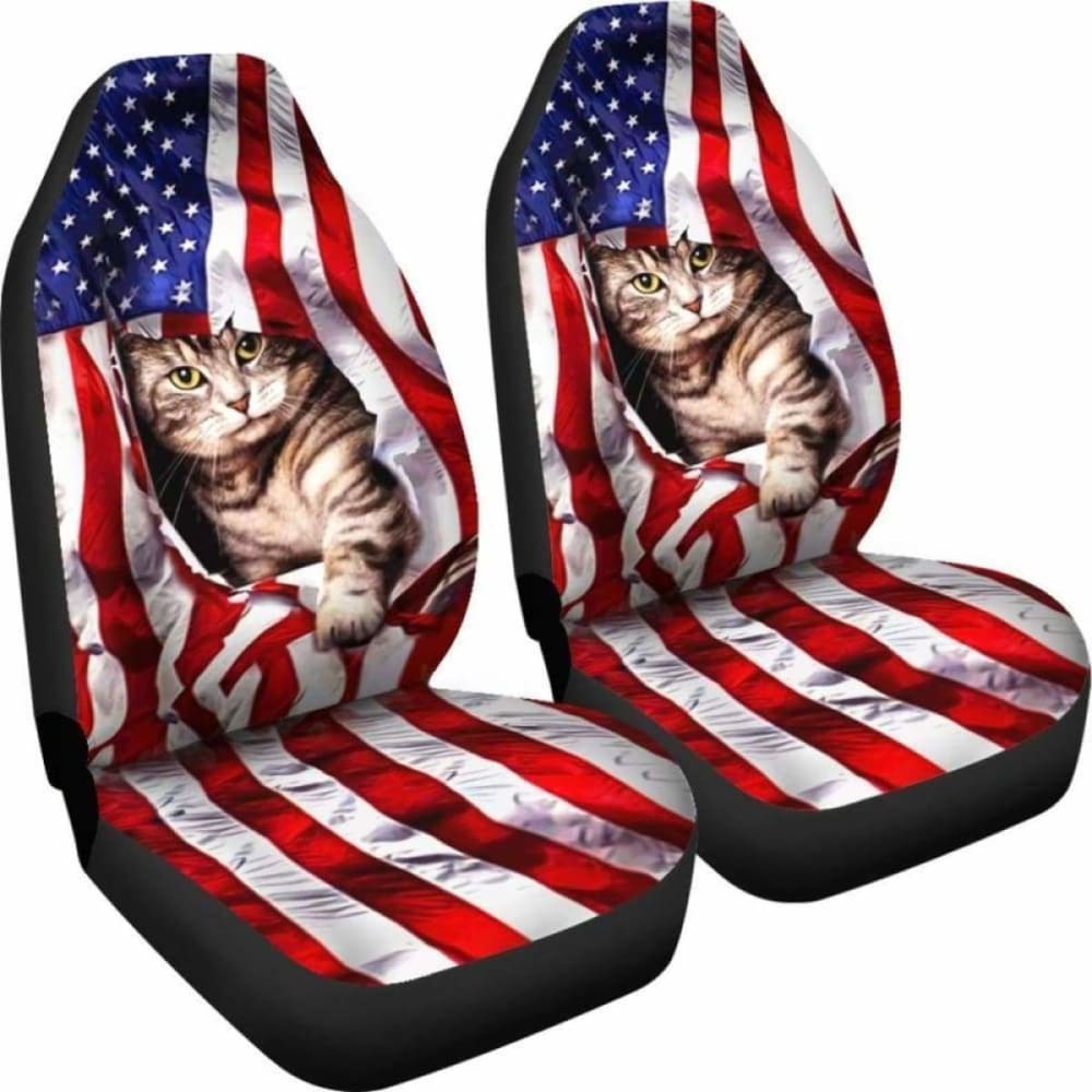 America Flag And Cat - Car Seat Covers 112428 - YourCarButBetter