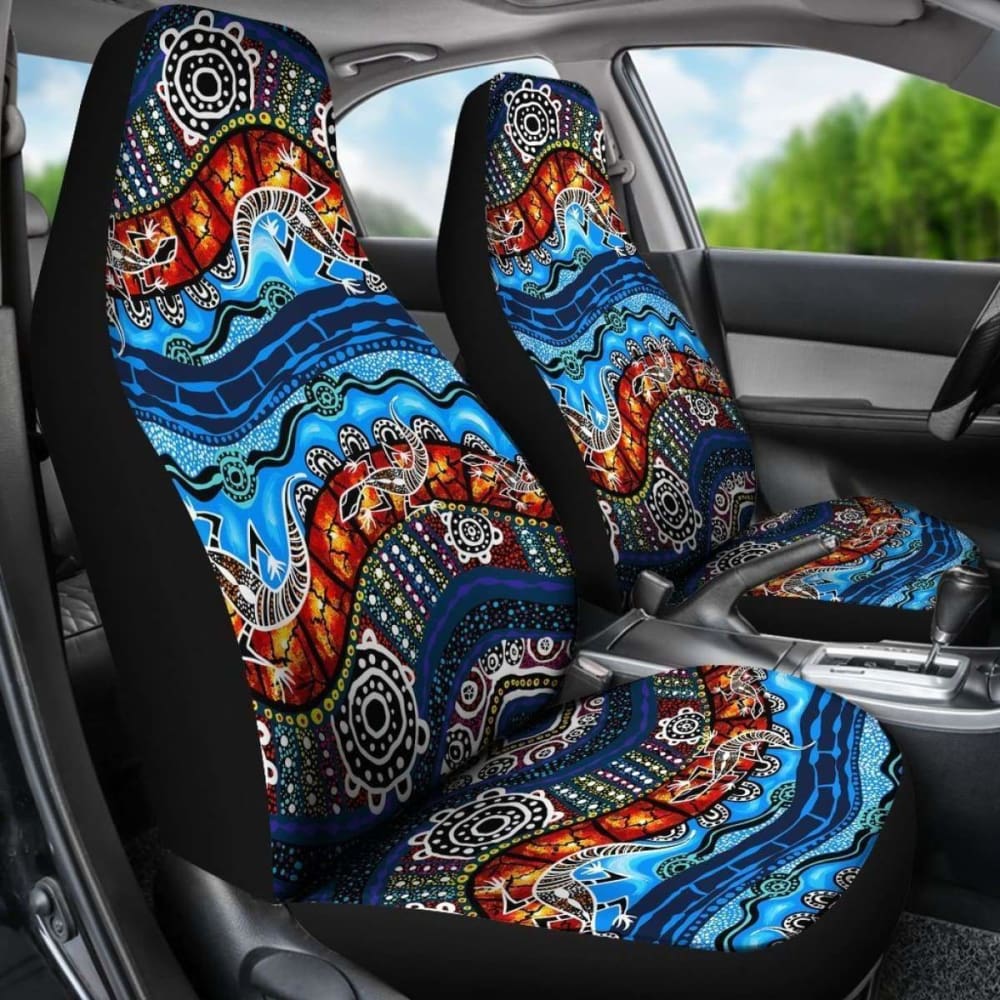 Australia Car Seat Covers - Aboriginal Lizard Dot Painting Blue Wave - 11 174914 - YourCarButBetter
