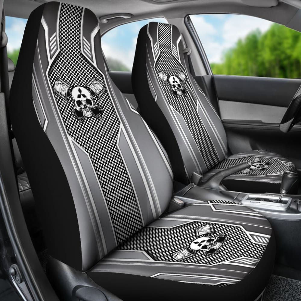 Black White Mechanic Skull Mitsubishi Car Seat Covers 210801 - YourCarButBetter