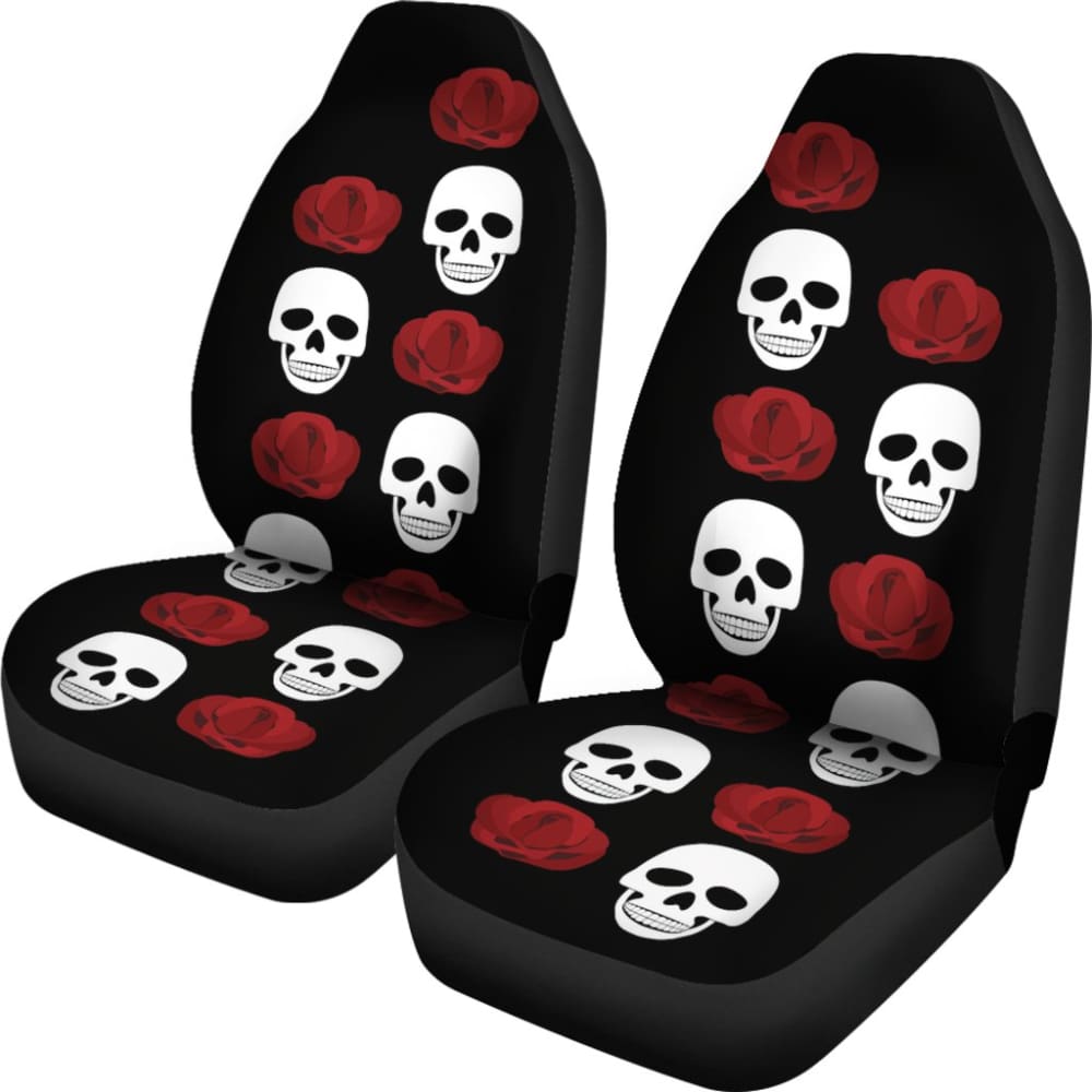 Black With Large Skulls And Roses Car Seat Covers 174510 - YourCarButBetter