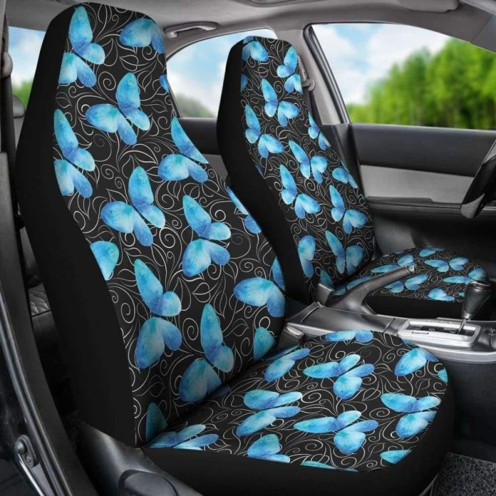 Black With White Leaves And Blue Butterflies Car Seat Covers 171204
