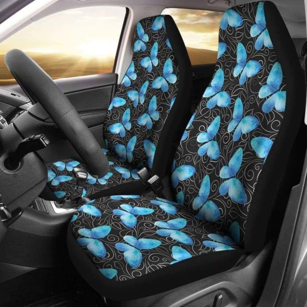 Black With White Leaves And Blue Butterflies Car Seat Covers 171204