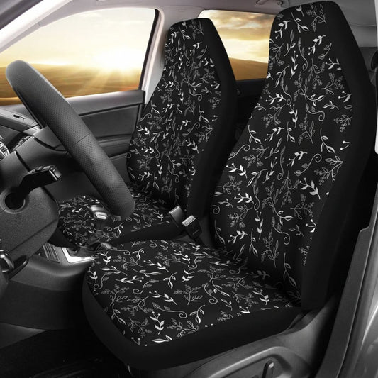 Black With White Leaves Pattern Car Seat Covers 213101 - YourCarButBetter