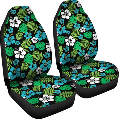 Blue And Green Hibiscus Flower Patten On Black Car Seat Covers 101819 - YourCarButBetter