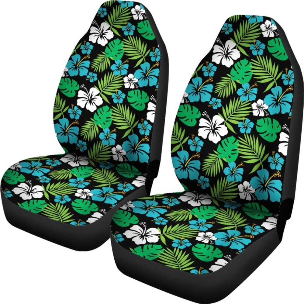 Blue And Green Hibiscus Flower Patten On Black Car Seat Covers 101819 - YourCarButBetter