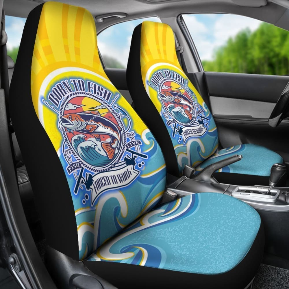 Blue Marlin Fishing Car Seat Covers Born To Fish Forced To Work Car Decor 182417 - YourCarButBetter
