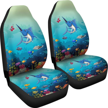 Blue Marlin Under The Sea Cartoon Fishing Car Seat Covers 182417 - YourCarButBetter