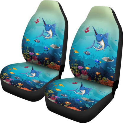 Blue Marlin Under The Sea Cartoon Fishing Car Seat Covers 182417 - YourCarButBetter