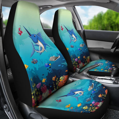 Blue Marlin Under The Sea Cartoon Fishing Car Seat Covers 182417 - YourCarButBetter