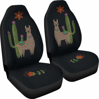 Brown Llama Car Seat Covers Chalky Style Cactus And Flower Design Printed On Black Fabric 102802 - YourCarButBetter