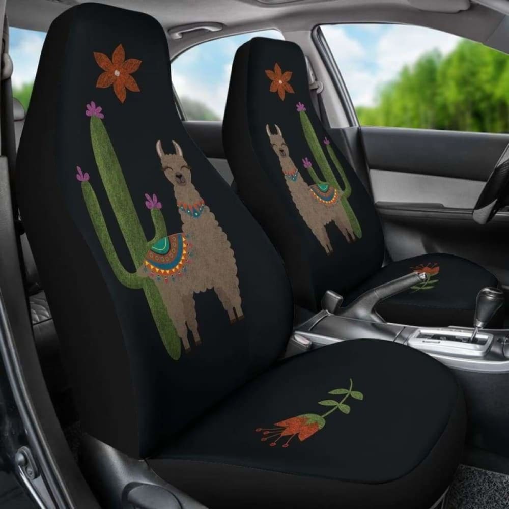 Brown Llama Car Seat Covers Chalky Style Cactus And Flower Design Printed On Black Fabric 102802 - YourCarButBetter