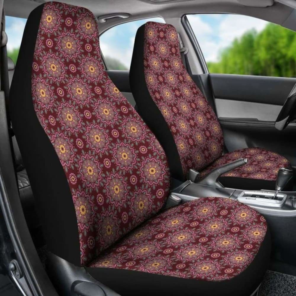 Burgundy With Colorful Mandalas Car Seat Covers 105905 - YourCarButBetter