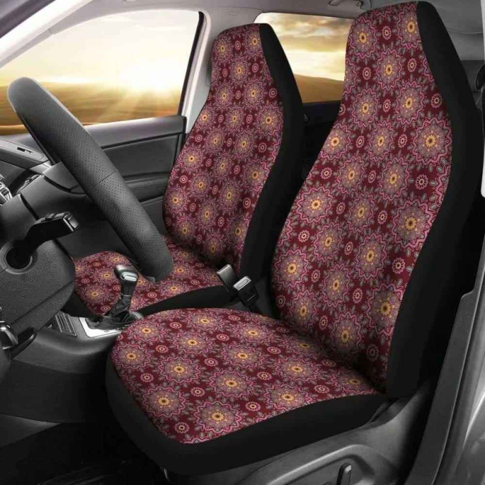 Burgundy With Colorful Mandalas Car Seat Covers 105905 - YourCarButBetter