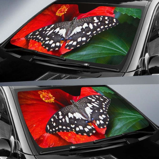 Butterfly Bright Red Hibiscus Bloom Car Sun Shade 172609 - YourCarButBetter