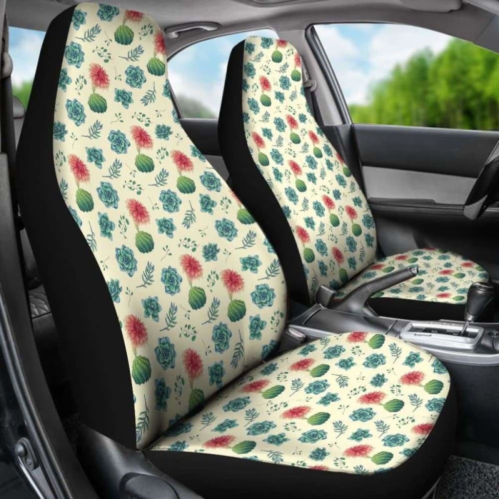 Cactus And Succulent Pattern Car Seat Covers Cream Light Pattern 102802 - YourCarButBetter