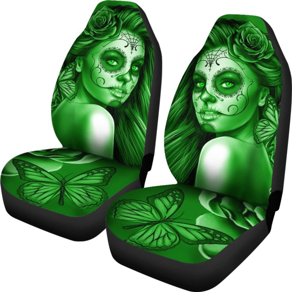 Calavera Fresh Look Design #2 Car Seat Covers (Green Lime Rose) - 174510 - YourCarButBetter