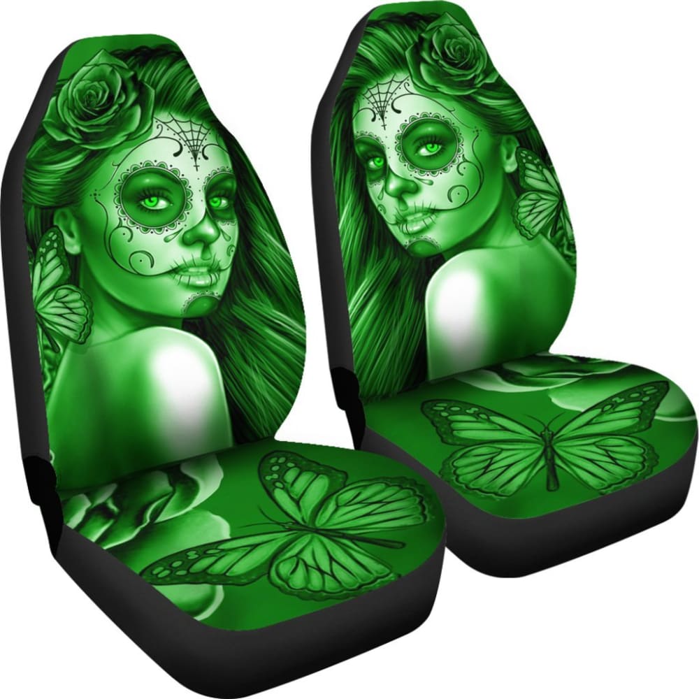 Calavera Fresh Look Design #2 Car Seat Covers (Green Lime Rose) - 174510 - YourCarButBetter