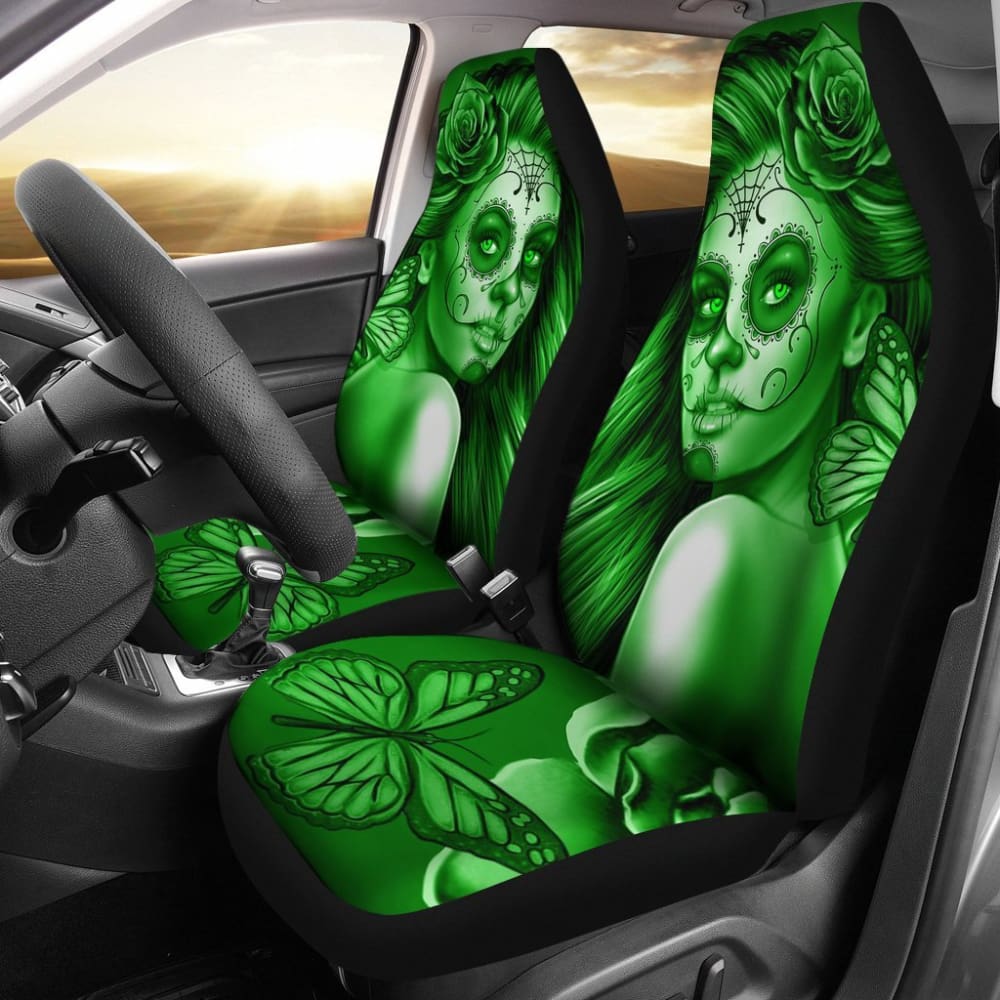 Calavera Fresh Look Design #2 Car Seat Covers (Green Lime Rose) - 174510 - YourCarButBetter