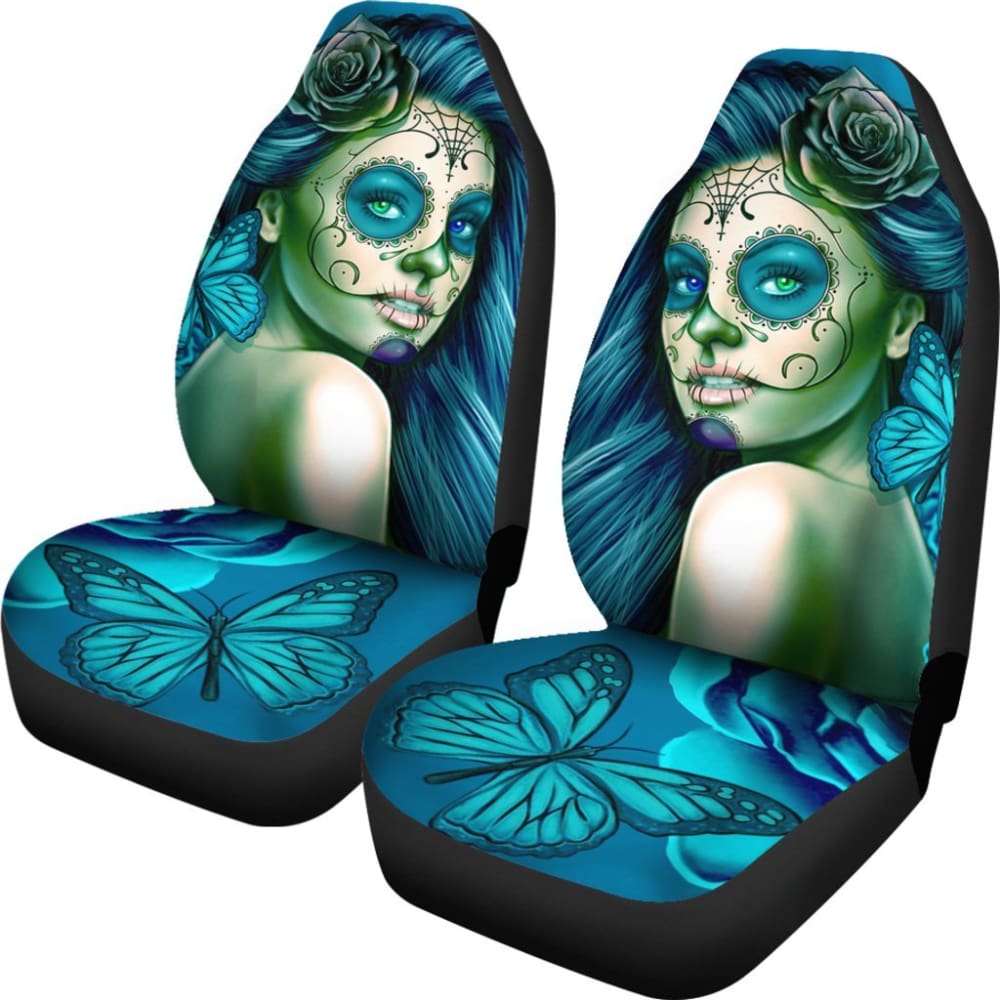 Calavera Fresh Look Design #2 Car Seat Covers (Turquoise Tiffany Rose) - 174510 - YourCarButBetter