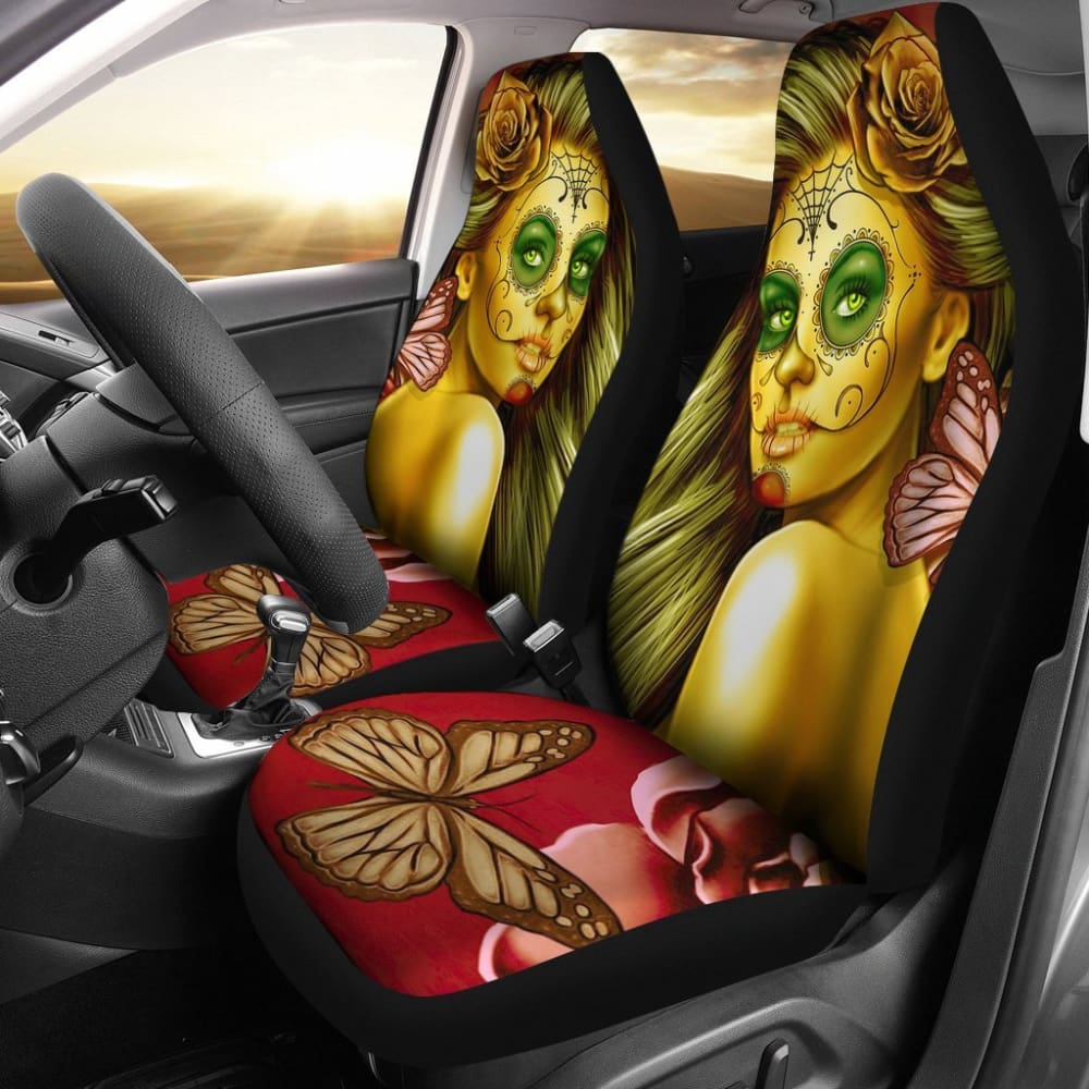 Calavera Fresh Look Design #2 Car Seat Covers (Yellow Smiley Face Rose) - 174510 - YourCarButBetter