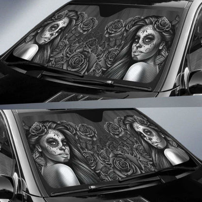 Calavera Girl - Black and White - Auto Sun Shade 172609 - YourCarButBetter