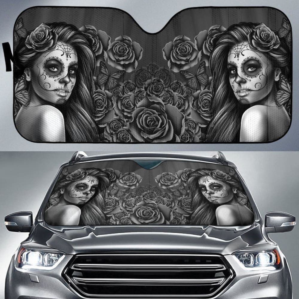 Calavera Girl - Black and White - Auto Sun Shade 182102 - YourCarButBetter