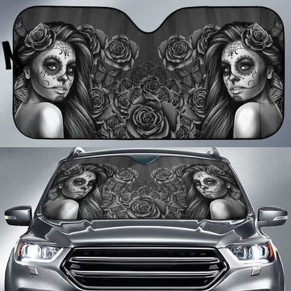 Calavera Girl - Black and White - Auto Sun Shade 182102 - YourCarButBetter
