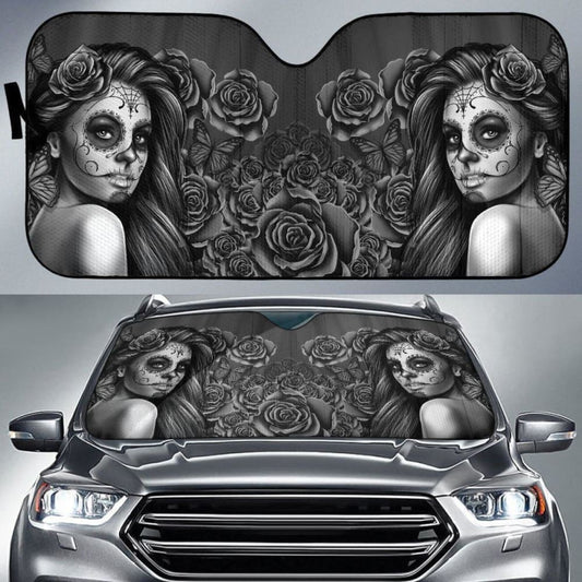Calavera Girl - Black and White - Auto Sun Shade 182102 - YourCarButBetter