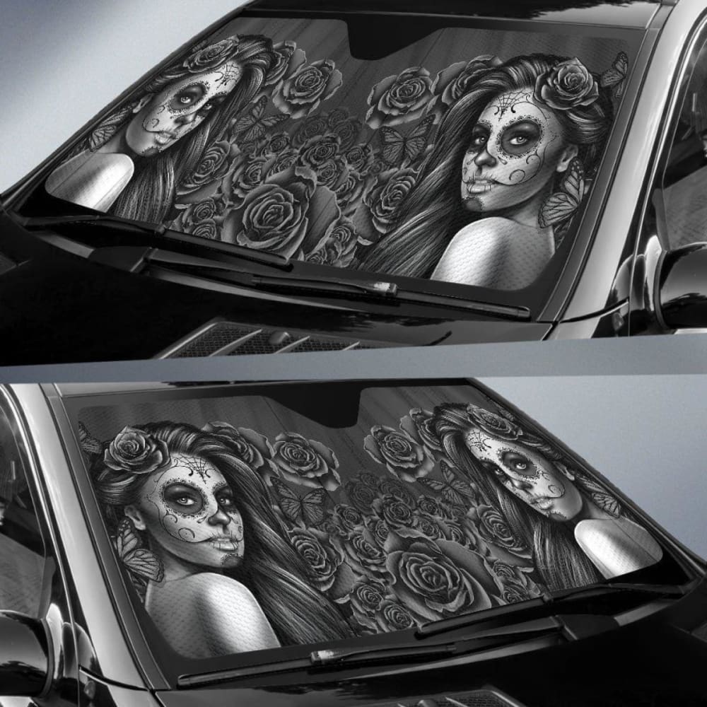Calavera Girl - Black and White - Auto Sun Shade 182102 - YourCarButBetter
