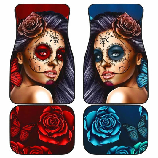 Calavera Girl Front and Back Car Floor Mats - Red and Blue 101807