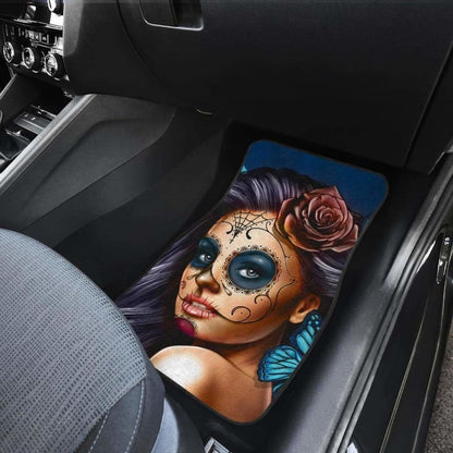 Calavera Girl Front and Back Car Floor Mats - Red and Blue 101807