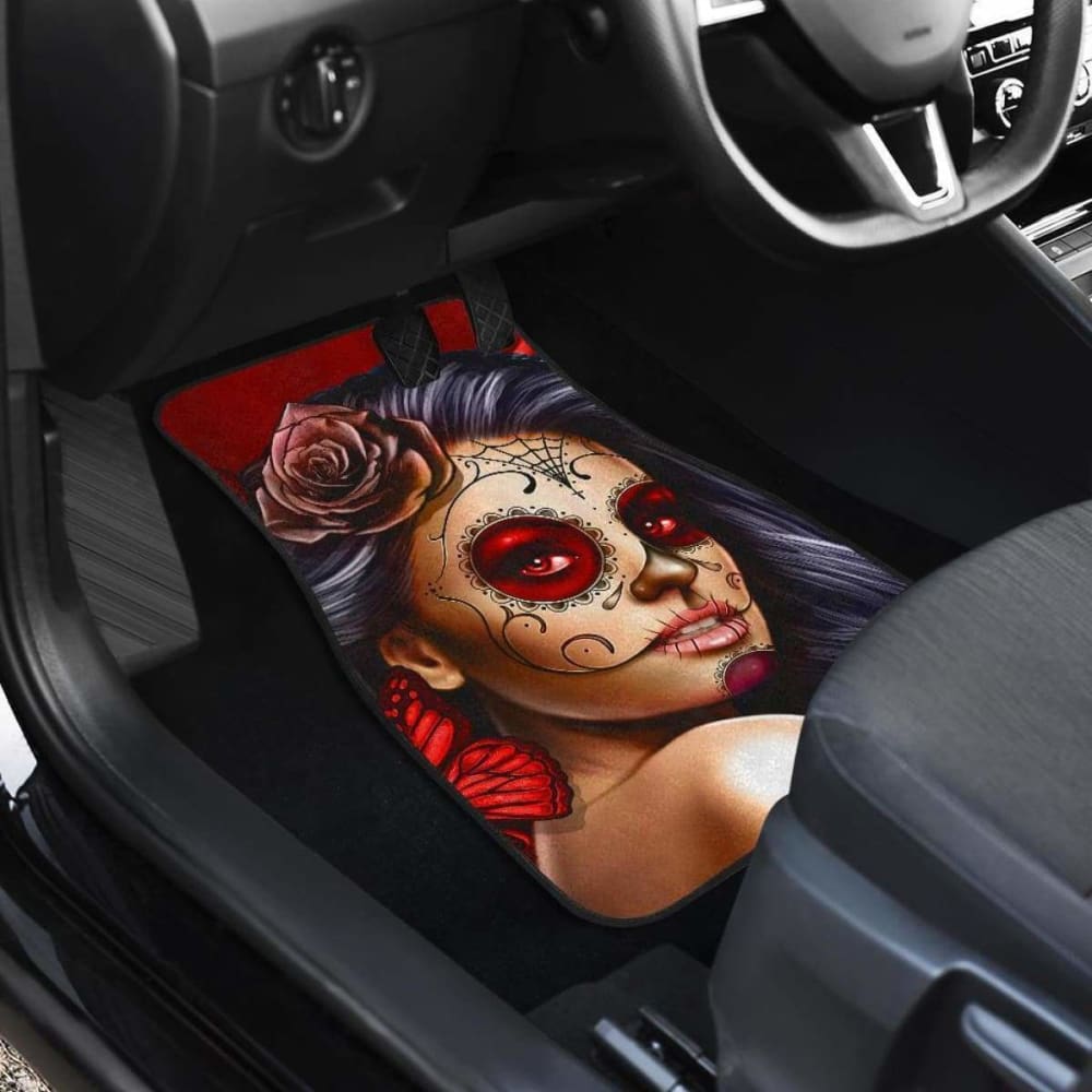 Calavera Girl Front and Back Car Floor Mats - Red and Blue 101807
