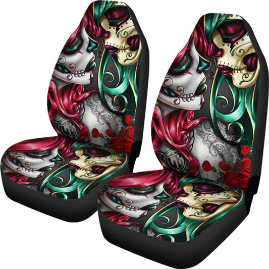 Calavera Sugar Skull Kissing Car Seat Covers 210301 - YourCarButBetter