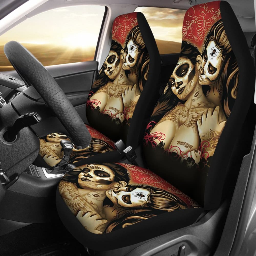 Calavera Sugar Skull Valentine Lovers Car Seat Covers 210301 - YourCarButBetter