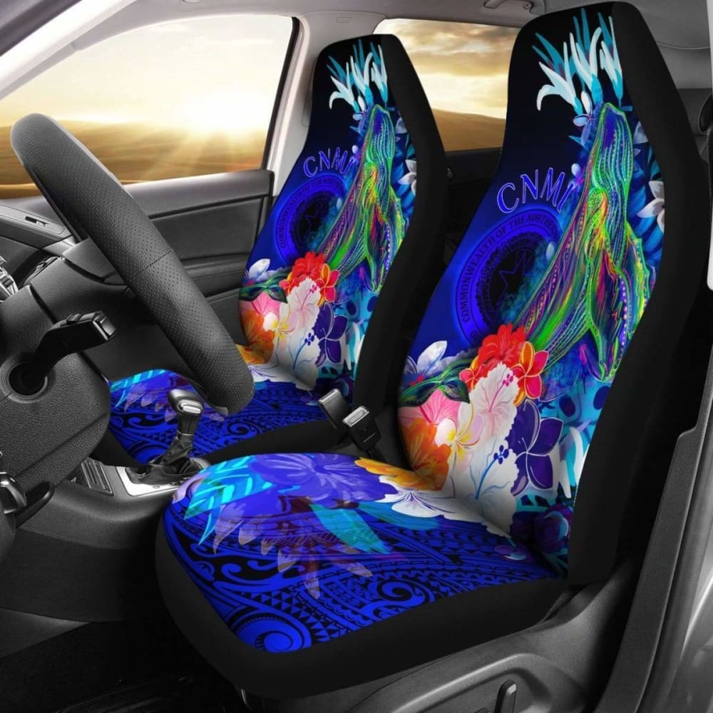 Cnmi Car Seat Covers - Humpback Whale With Tropical Flowers (Blue) - 102802 - YourCarButBetter