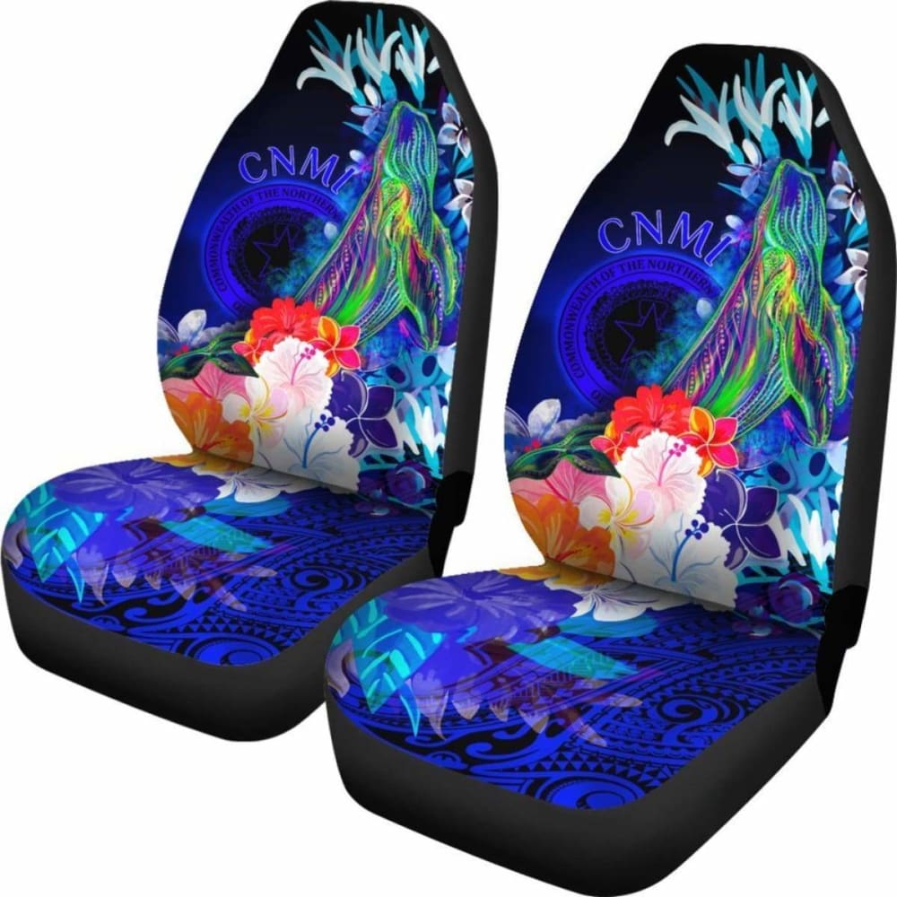 Cnmi Car Seat Covers - Humpback Whale With Tropical Flowers (Blue) - 102802 - YourCarButBetter