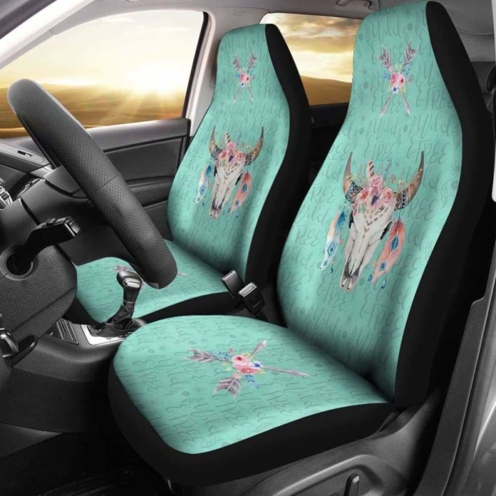 Cow Skull Boho Wild And Free Script Background Car Seat Covers Turquoise 144730