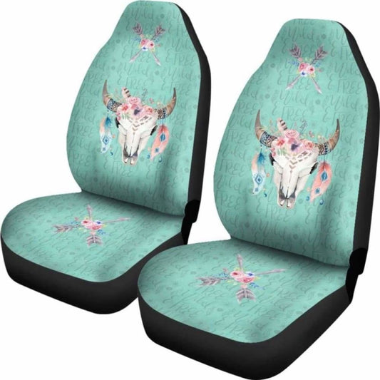 Cow Skull Boho Wild And Free Script Background Car Seat Covers Turquoise 144730