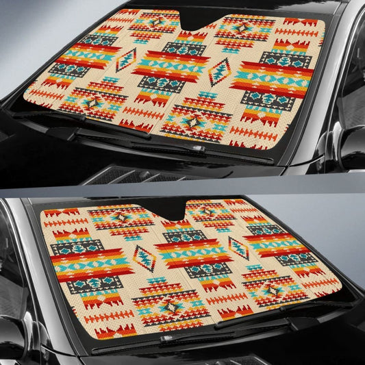Cream Pattern Native Auto Sun Shades 093223 - YourCarButBetter