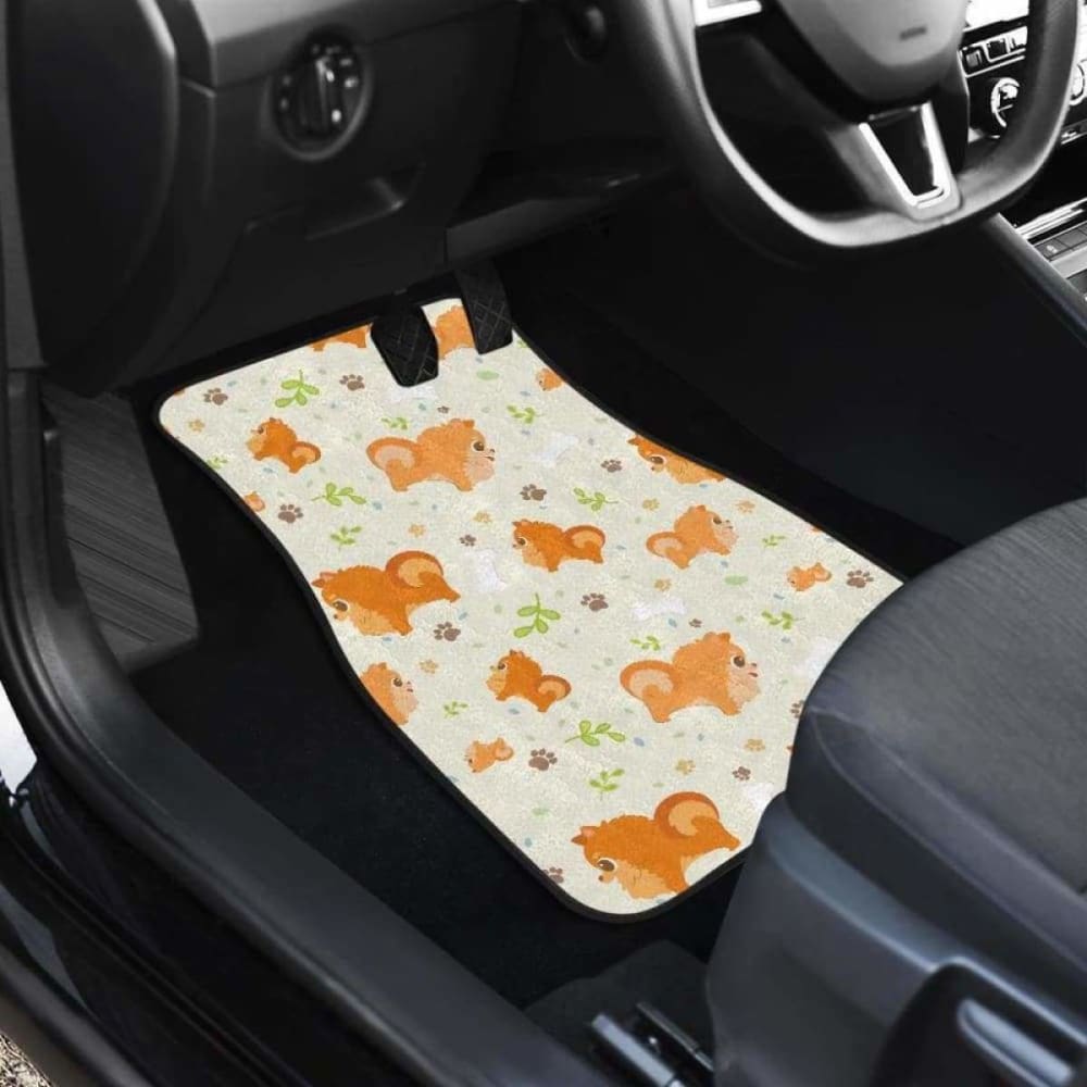 Cute Brown Pomeranian Paw Leave Bone Pattern Front And Back Car Mats 161012