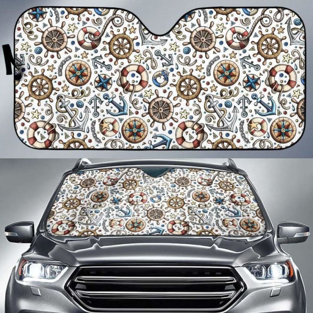 Cute Nautical Steering Wheel Anchor Pattern Car Auto Sun Shades 460402 - YourCarButBetter