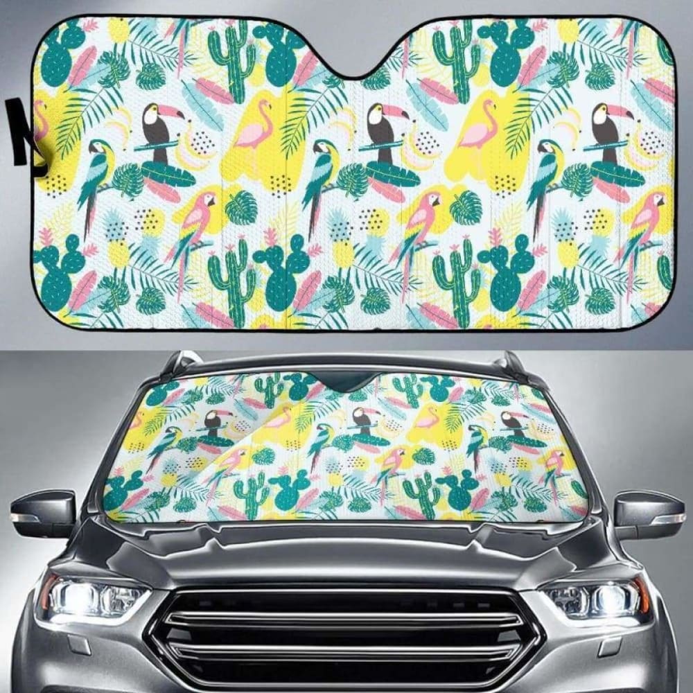Cute Parrot Toucan Flamingo Cactus Exotic Leaves Pattern Car Auto Sun Shades 172609 - YourCarButBetter