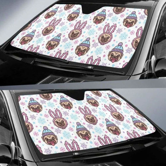Cute Pug Hat Rabbit Costume Pattern Car Auto Sun Shades 104020 - YourCarButBetter