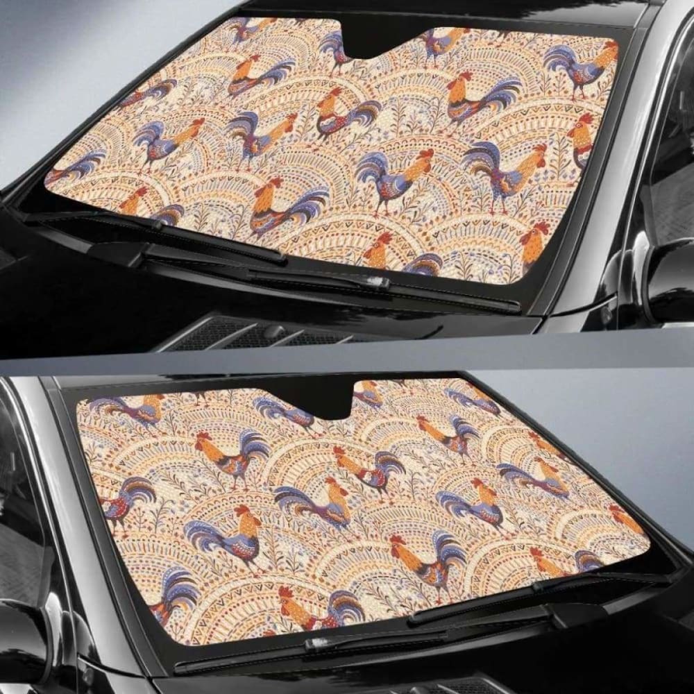 Cute Rooster Chicken Cock Floral Ornament Background Car Auto Sun Shades 085424 - YourCarButBetter