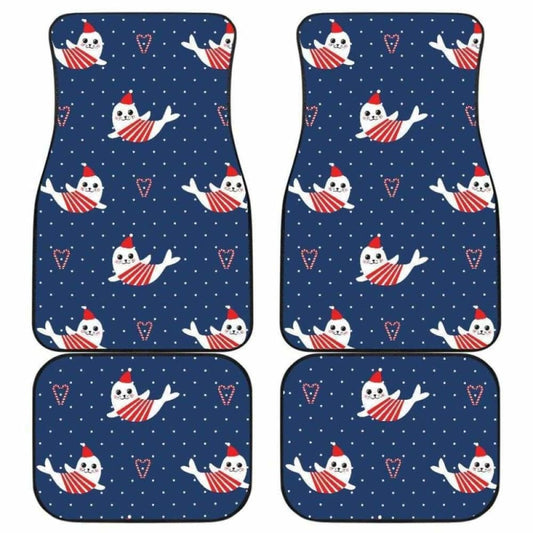 Cute Sea Lion Seal Christmas Hat Candy Cane Heart Pattern Front And Back Car Mats 110728 - YourCarButBetter