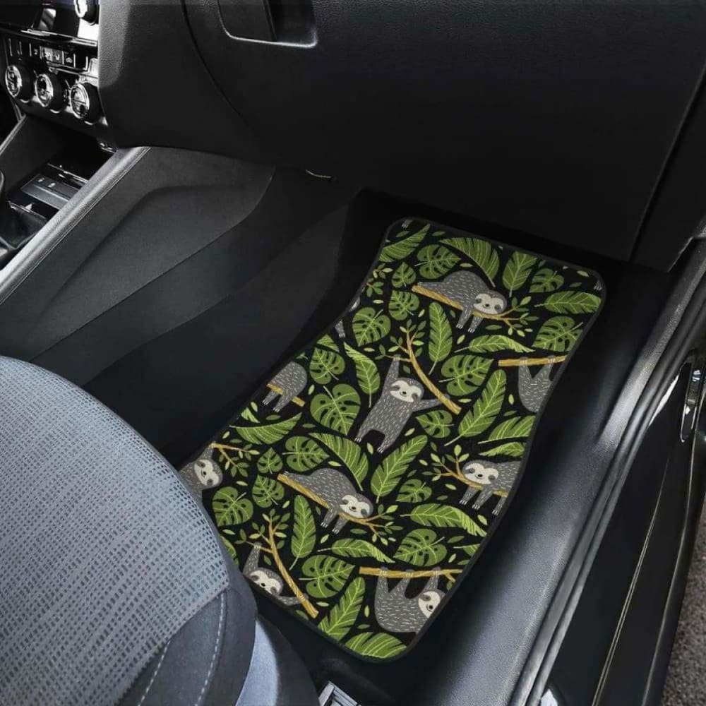 Cute Sloths Tropical Palm Leaves Black Background Front And Back Car Mats 144902