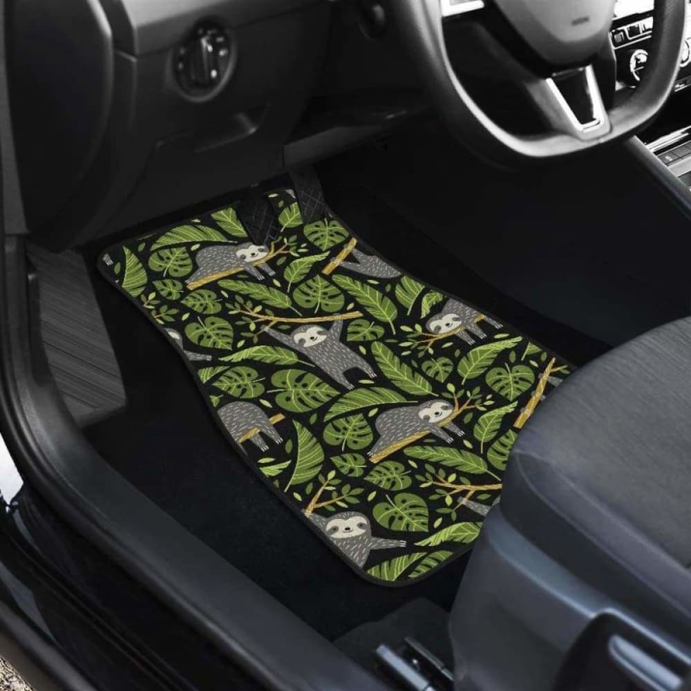 Cute Sloths Tropical Palm Leaves Black Background Front And Back Car Mats 144902