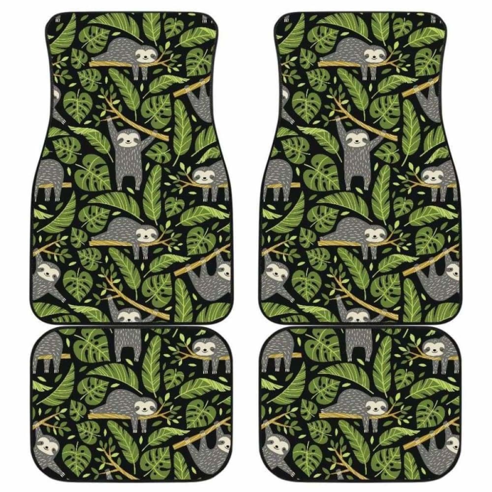 Cute Sloths Tropical Palm Leaves Black Background Front And Back Car Mats 144902